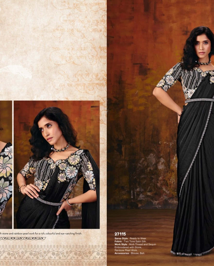 27115 - Jet Black Embroidered Wedding Party Designer Saree